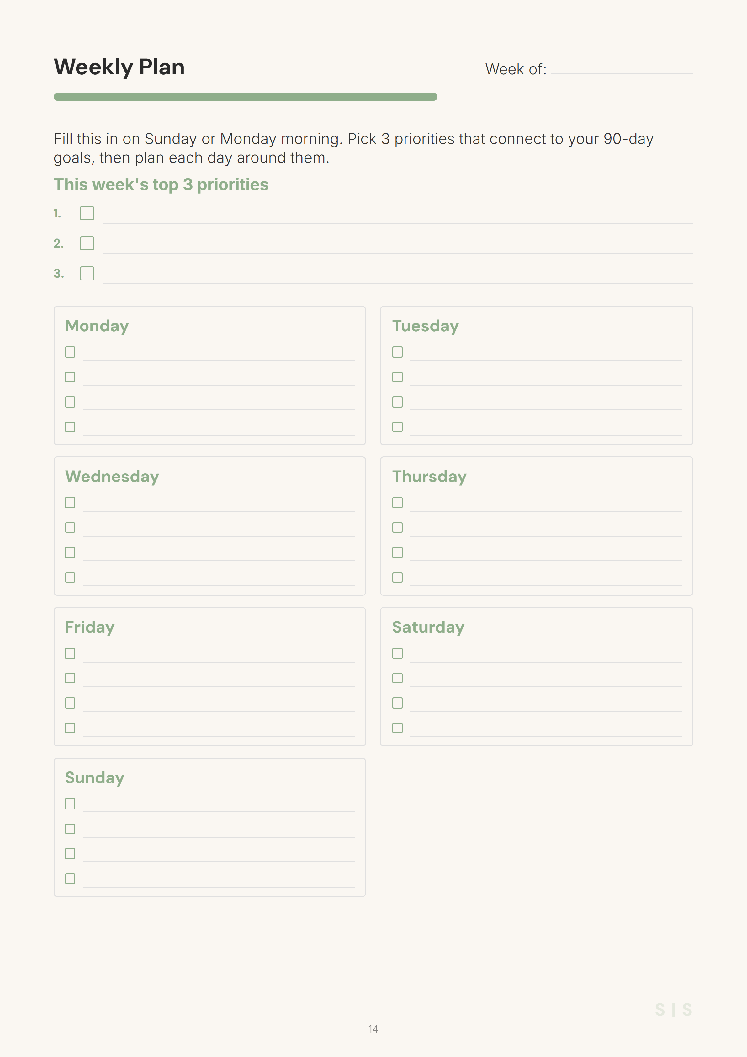 Weekly sprint page