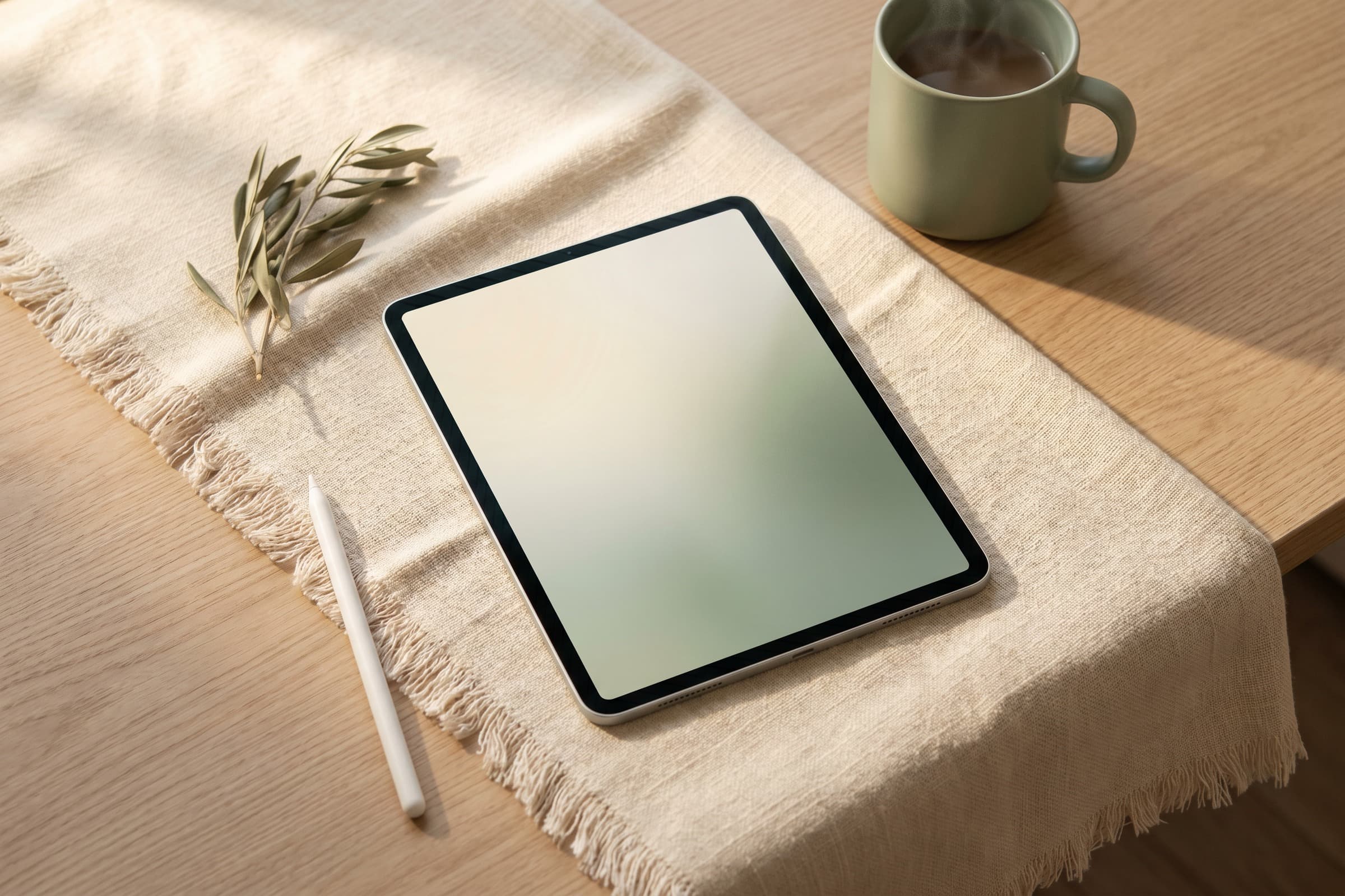 Structured Self planner on iPad, sage cream theme — calm-authority desk setup with Apple Pencil, sage mug, olive sprig, and woven runner